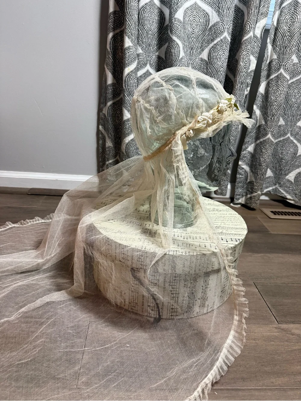 Vintage 1920s Juliet Cap Veil with Silk Floral Accents & Lace Netting